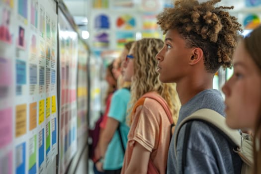 group of smiling teenage students wearing bright clothes looking at the charts at the board standing in classroom. ai generated