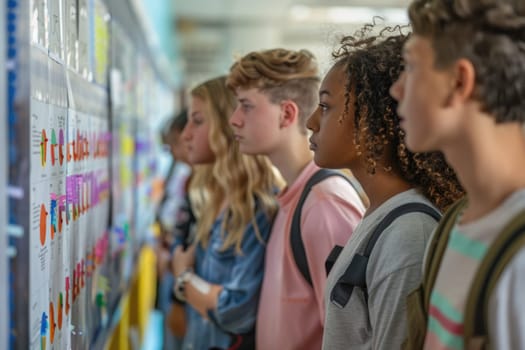 group of smiling teenage students wearing bright clothes looking at the charts at the board standing in classroom. ai generated