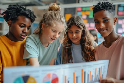 group of teenage students looking at the documents standing in classroom. ai generated