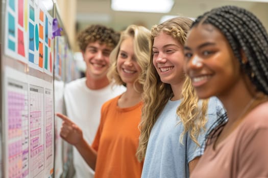 group of smiling teenage students wearing bright clothes looking at the charts at the board standing in classroom. ai generated
