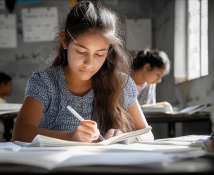 girl writing exam in the classroom. ai generated