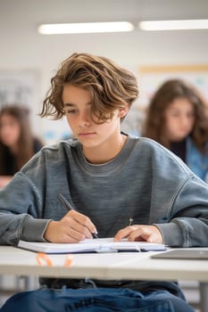 teenager boy writing exam in the classroom. ai generated