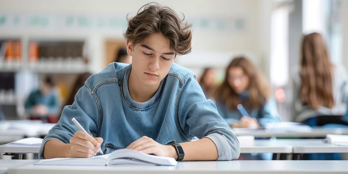 teenager boy writing exam in the classroom. ai generated