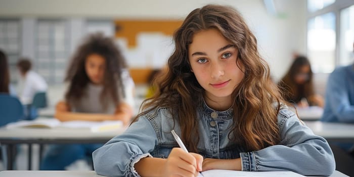 teenager girl writing exam in the classroom. ai generated