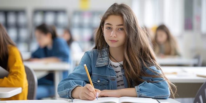 teenager girl writing exam in the classroom. ai generated