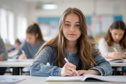teenager girl writing exam in the classroom. ai generated