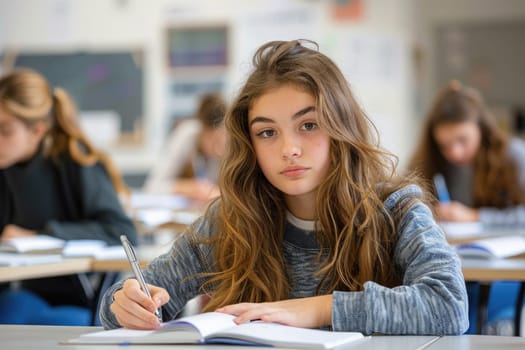 teenager girl writing exam in the classroom. ai generated