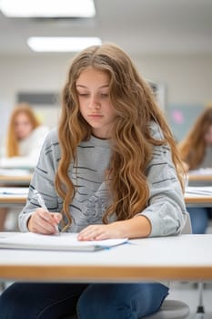 teenager girl writing exam in the classroom. ai generated