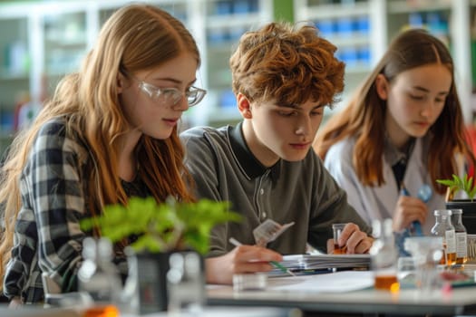 teenage boy and girl working on biology class. ai generated