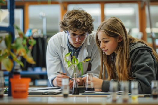 teenage boy and girl working on biology class. ai generated