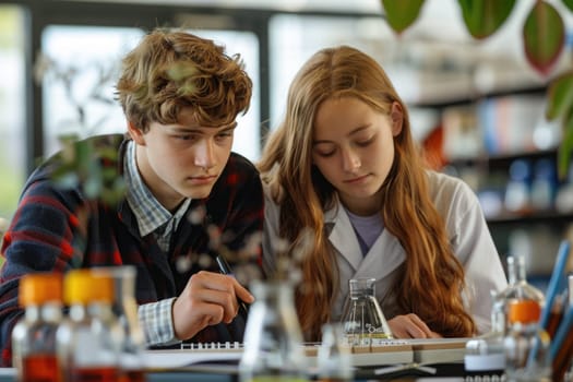 teenage boy and girl working on biology class. ai generated