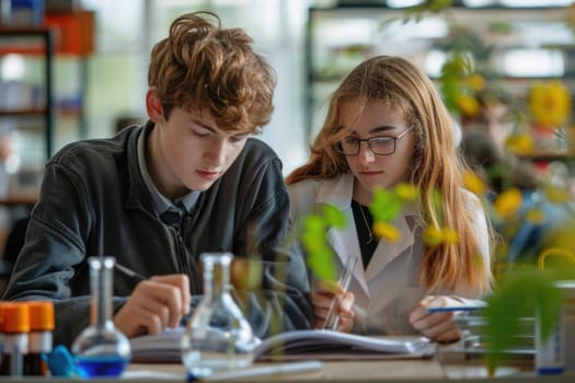 teenage boy and girl working on biology class. ai generated