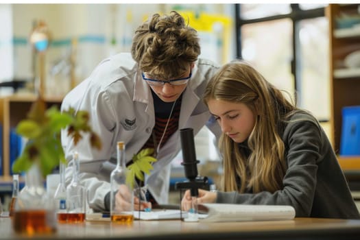 teenage boy and girl working on biology class. ai generated