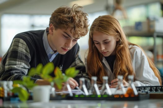 teenage boy and girl working on biology class. ai generated