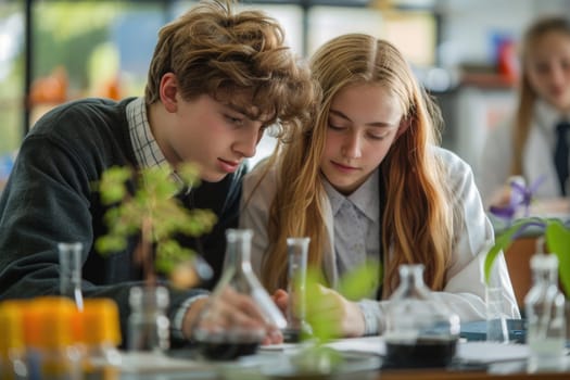 teenage boy and girl working on biology class. ai generated