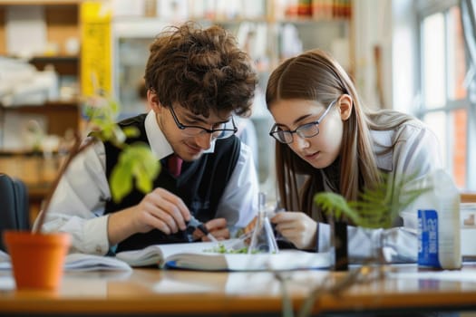 teenage boy and girl working on biology class. ai generated