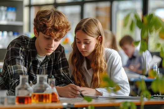 teenage boy and girl working on biology class. ai generated