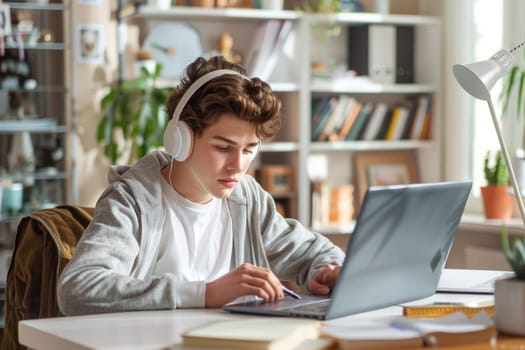 teenage boy sitting at the study desk writing homework at home, using laptop. ai generated