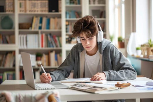 teenage boy sitting at the study desk writing homework at home, using laptop. ai generated