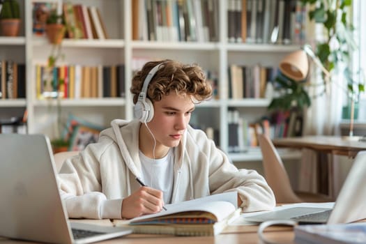 teenage boy sitting at the study desk writing homework at home, using laptop. ai generated