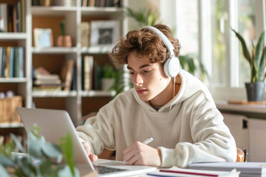 teenage boy sitting at the study desk writing homework at home, using laptop. ai generated