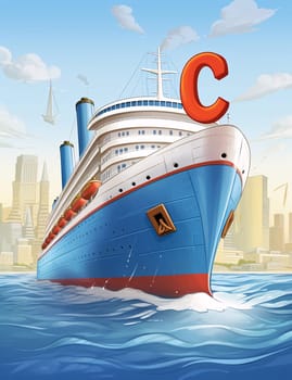 Graphic alphabet letters: Illustration of a cruise ship on the ocean with a letter C