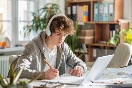 teenage boy sitting at the study desk writing homework at home, using laptop. ai generated