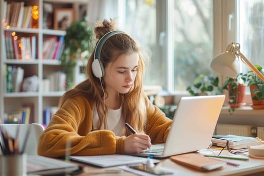 teenage girl sitting at the study desk writing homework at home, using laptop. ai generated