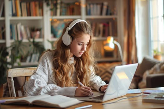 teenage girl sitting at the study desk writing homework at home, using laptop. ai generated