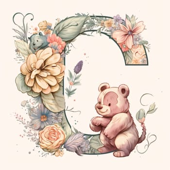 Graphic alphabet letters: Vintage alphabet with cute animals and flowers. Letter C. Hand drawn vector illustration.