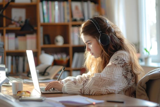 teenage girl sitting at the study desk writing homework at home, using laptop. ai generated