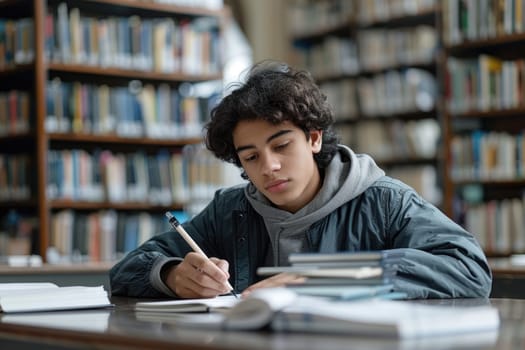 TEENAGE BOY SITTING AT THE DESK in the library WRITING homework. ai generated