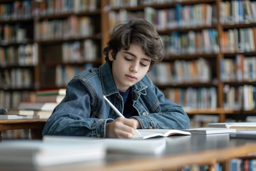 TEENAGE BOY SITTING AT THE DESK in the library WRITING homework. ai generated