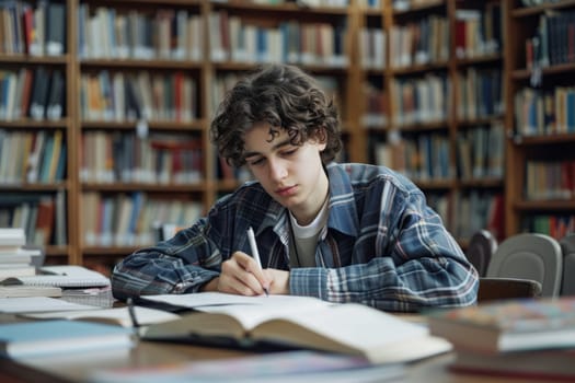 TEENAGE BOY SITTING AT THE DESK in the library WRITING homework. ai generated