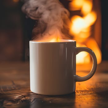 A steaming cup of coffee resting on the table, emitting wisps of steam. The drinkware adds to the cozy ambiance, perfect for a relaxing break