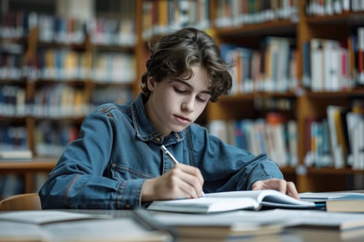 TEENAGE BOY SITTING AT THE DESK in the library WRITING homework. ai generated