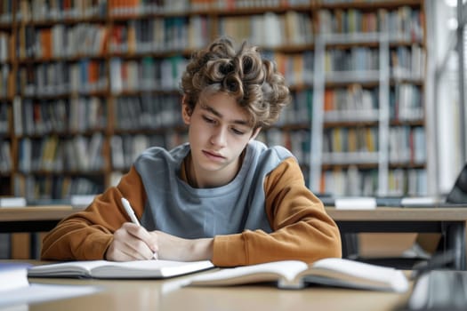 TEENAGE BOY SITTING AT THE DESK in the library WRITING homework. ai generated