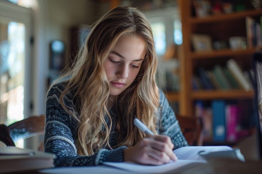 TEENAGE girl SITTING AT THE DESK in the library WRITING homework. ai generated