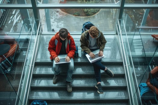 teenage men sitting on the modern glass stairway in college using laptop. ai generated