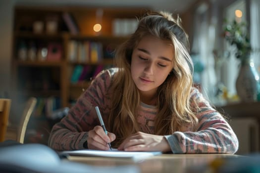 TEENAGE girl SITTING AT THE DESK in the library WRITING homework. ai generated