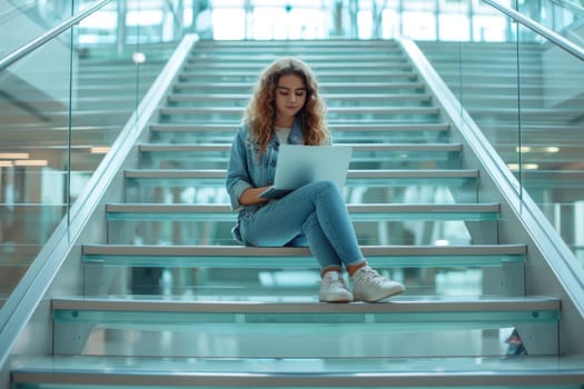 teenage girl sitting on the modern glass stairway in college using laptop. ai generated