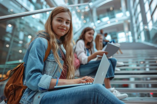 teenage girl sitting on the modern glass stairway in college using laptop. ai generated