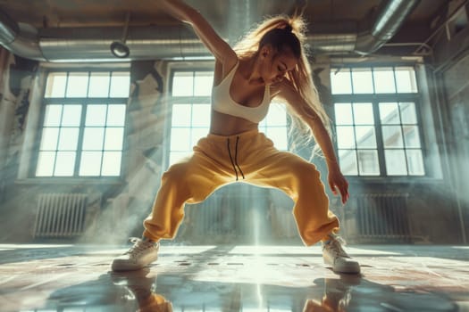 woman dancing breakdance in dancing studio. ai generated