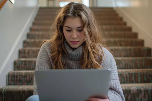 teenage girl sitting on the wooden stairway in college using laptop. ai generated