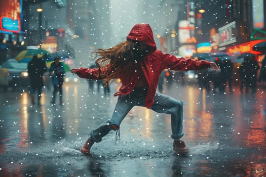 woman dancing hip hop in rain, sportive movements. ai generatedCLOSE UP, LENS FLARE: Joyful blonde girl enjoys her evening in the countryside by dancing in the rain. Stunning golden sun rays shine on playful young woman spinning and enjoying a spring shower.