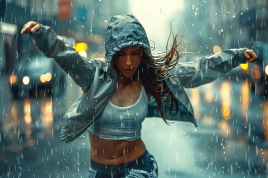 woman dancing hip hop in rain, sportive movements. ai generatedCLOSE UP, LENS FLARE: Joyful blonde girl enjoys her evening in the countryside by dancing in the rain. Stunning golden sun rays shine on playful young woman spinning and enjoying a spring shower.