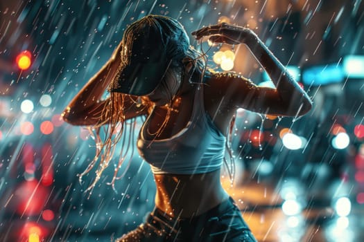 woman dancing hip hop in rain, sportive movements. ai generatedCLOSE UP, LENS FLARE: Joyful blonde girl enjoys her evening in the countryside by dancing in the rain. Stunning golden sun rays shine on playful young woman spinning and enjoying a spring shower.