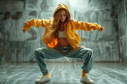 woman dancing breakdance in dancing studio. ai generated