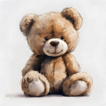 A fawncolored teddy bear with a smiling snout is sitting on a white background. This terrestrial animal figure is a stuffed toy made of soft fur