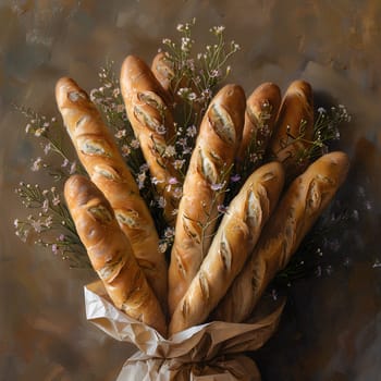 A bouquet of baguettes wrapped in brown paper and flowers makes for a charming display of staple food and flowering plants, perfect for a special event